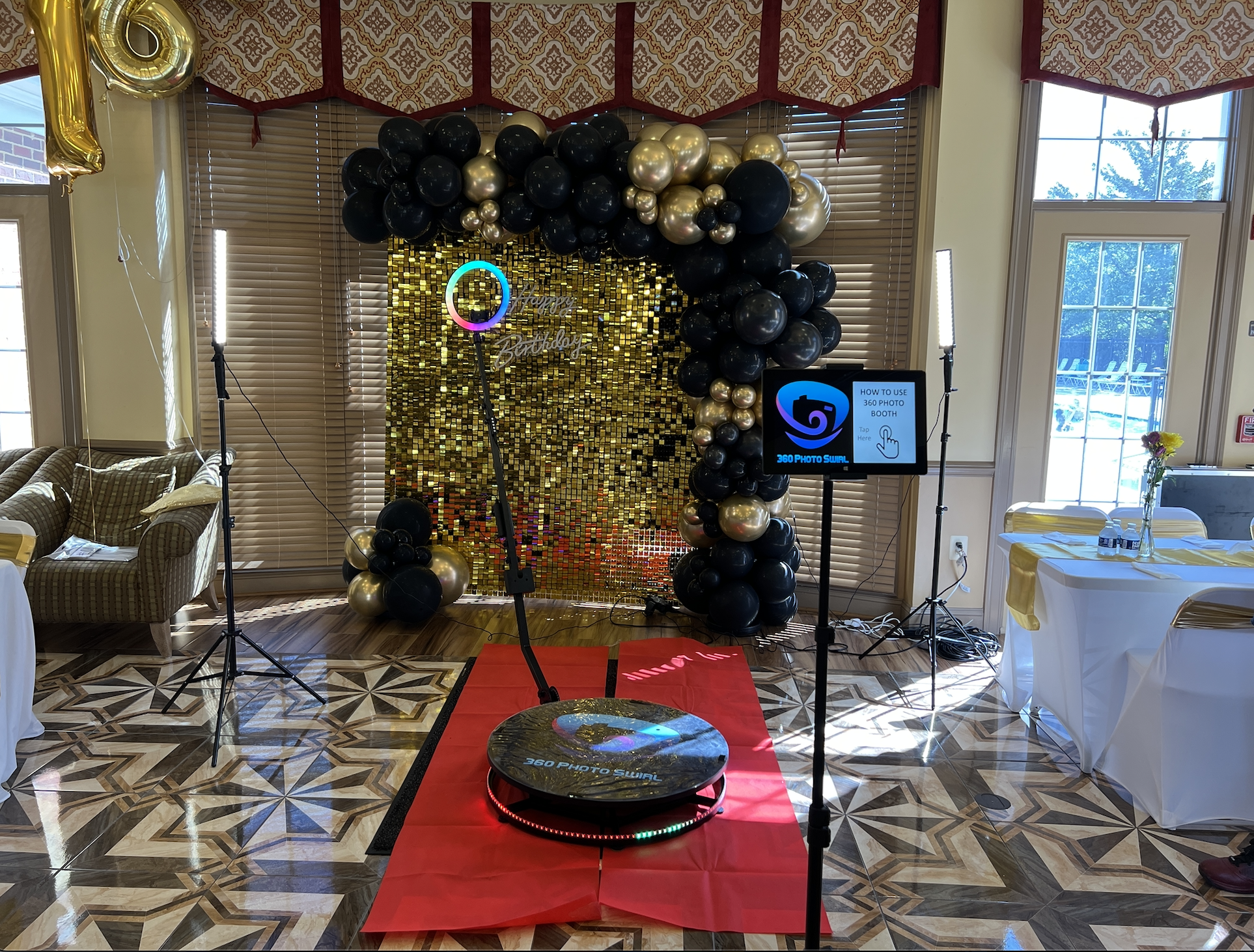 360 photo booth with sweet 16 decorations