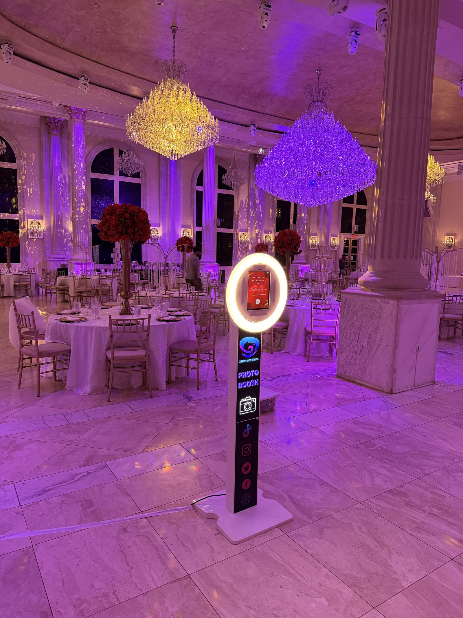 Basic Tower photo booth at an elegant ballroom wedding with chandeliers