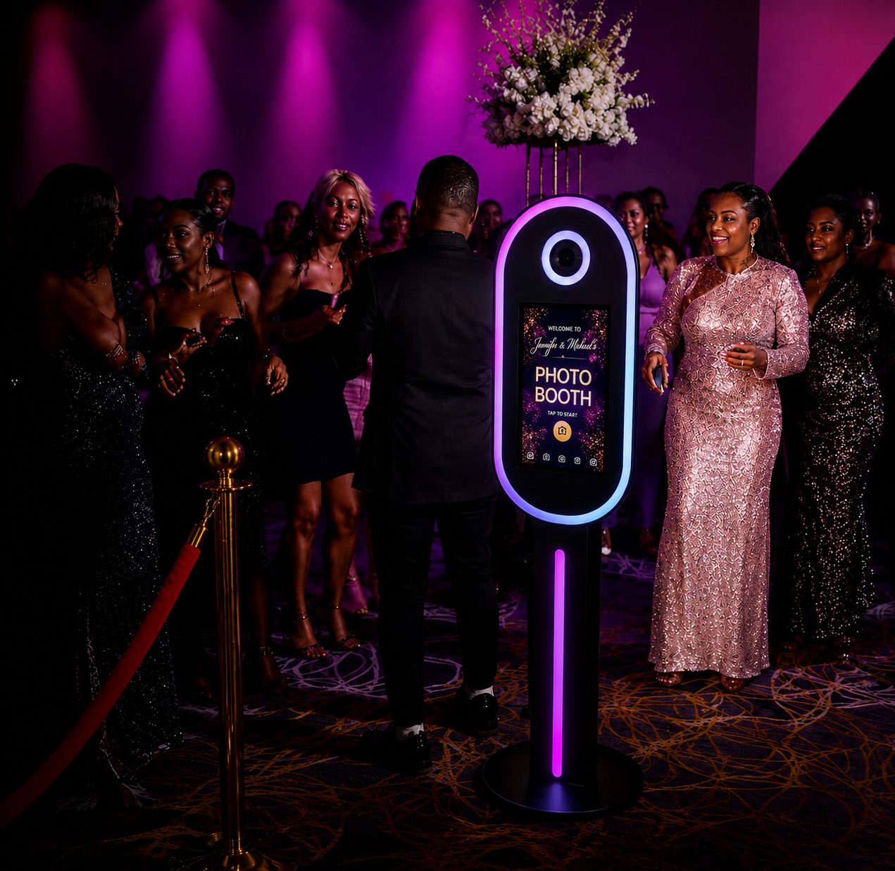 360 Photo Swirl booth at a formal gala with guests in evening wear under pink uplighting